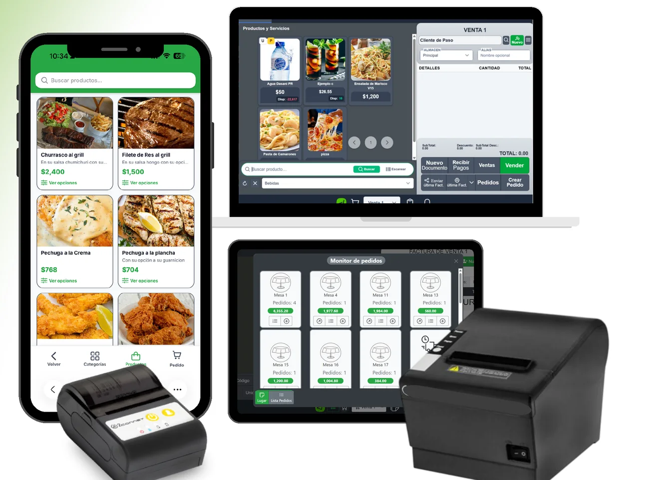 Telefono del mesero, punto de venta en laptop, monitor de pedidos en tablet e impresoras de comanda