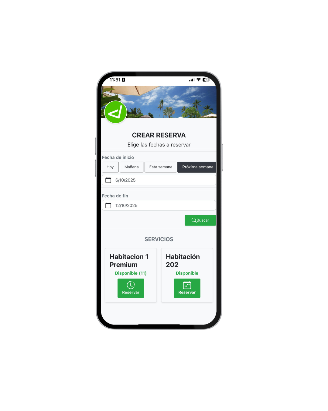Pantalla del módulo de reservaciones con fechas y servicios disponibles