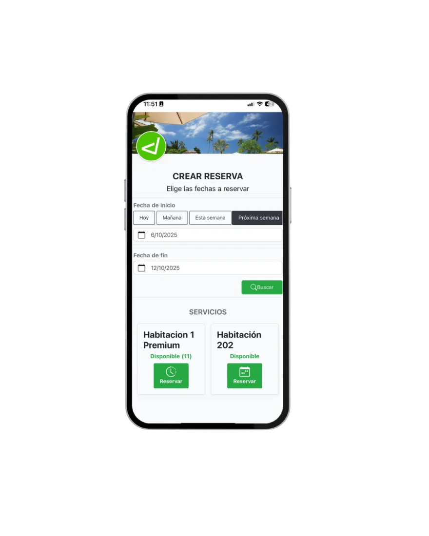 Pantalla del modulo de reservaciones con fechas y servicios disponibles